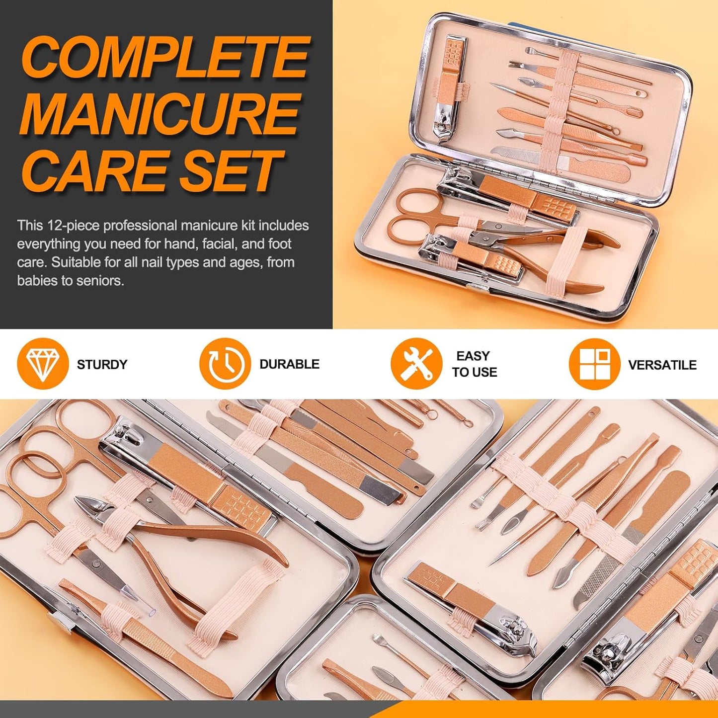 Rustark 12Pcs Pink Manicure Pedicure Kit Professional Stainless Steel Nail Care Set Includes Nail Clippers Manicure Tools Travel Case for Nail Manicure Trimming Grooming for Travel or Home