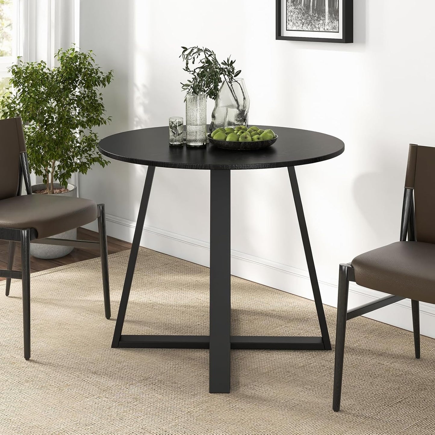 COSTWAY Round Dining Table, Kitchen Table for 4 People with Rubber Wood Frame, Pedestal Base, Farmhouse Rustic Dinning Room Table for Living Room Restaurant Breakfast Nook, Black