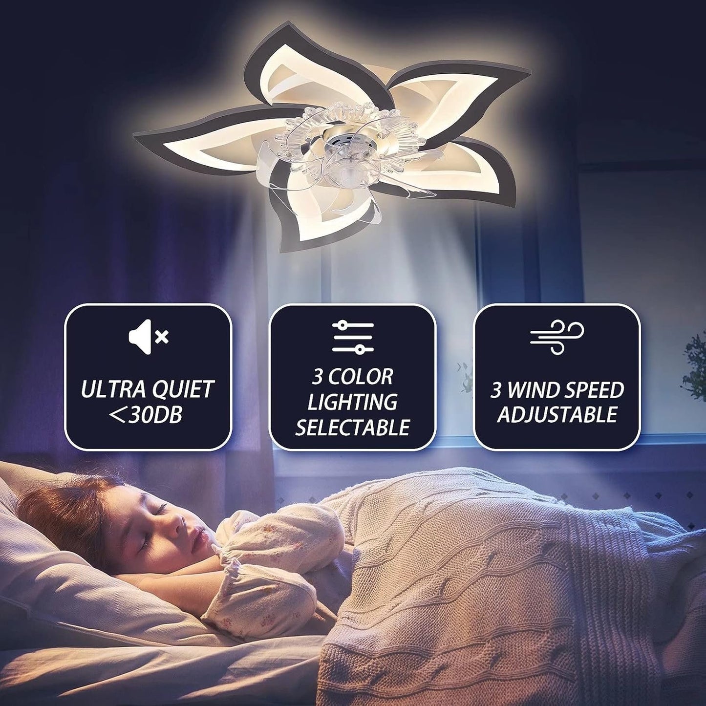 27.2‘’ Ceiling Fan with Lights and Remote Control, 5 Petals Modern Bladeless Flush Mount Fan Light, Low Profile 3 Switchable LED Light and Ultra Quiet 6 Gear Wind Speed, Ceiling Fan with Smart Timer