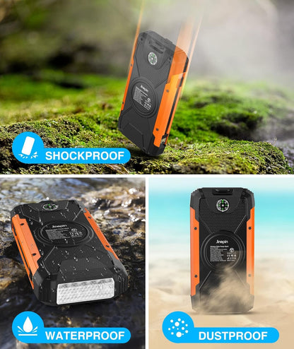 Solar Power Bank 38600mAh Solar Charger Built in 3 Cables Qi Wireless Portable Charger External Battery Pack 5V3A Fast Charge with 4 Outputs 2 Inputs and Led Flashlight Compass