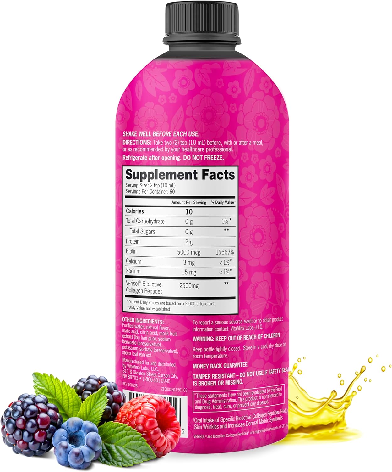 Zena Nutrition Liquid Collagen Peptides and Biotin, 2500mg Verisol Bioactive Collagen Peptides, 5000mcg Biotin, Hair, Skin, Nail Supplement for Women and...