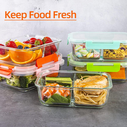 YOZOTI Glass Meal Prep Containers 3 Compartments Portion Control with Upgraded Snap Locking Lids Glass Food Storage Containers, Microwave, Oven, Freezer and Dishwasher (Black 5 Pack 3 Compartments)