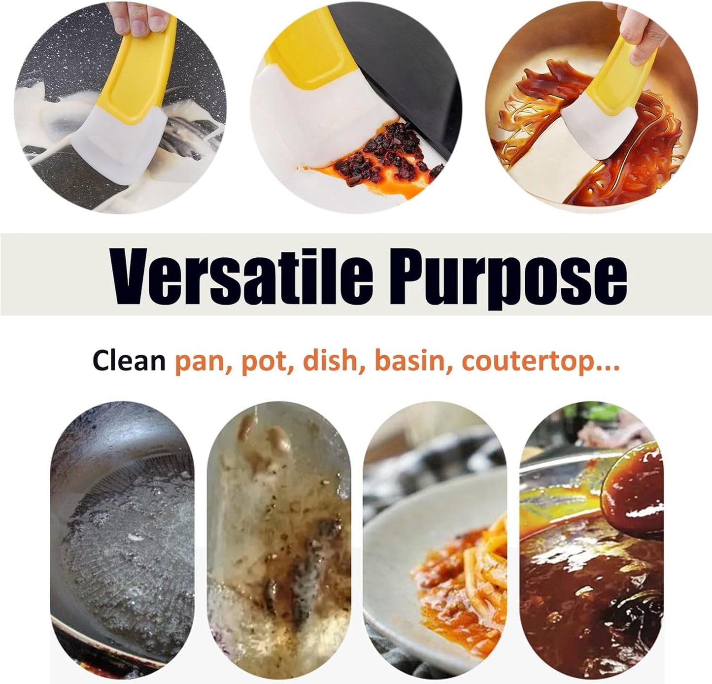 Honsva Silicone Dish Scraper to Kitchen Cleaning for Pans, Pots, Bowls, Non-Stick Scraping Spatulas Tool,3 Pcs (Yellow, Green and Red)