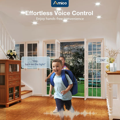 Amico 12 Pack 6 Inch Smart LED Recessed Lighting, WiFi Canless Wafer Downlight with Junction Box, RGB & 2700-6500K Color Changing, 12W=110W 1000LM, Voice&Remote&Group Control