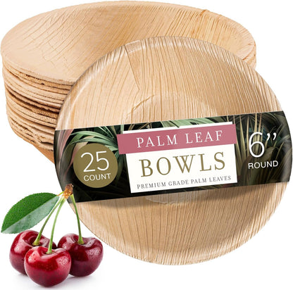 brheez Palm Leaf Bowls 6 Inch - 25 Count - Eco Friendly, Compostable & Biodegradable – Elegant Bamboo Look Disposable Bowls are Heavy Duty and More Environmentally Friendly Than Paper Bowls