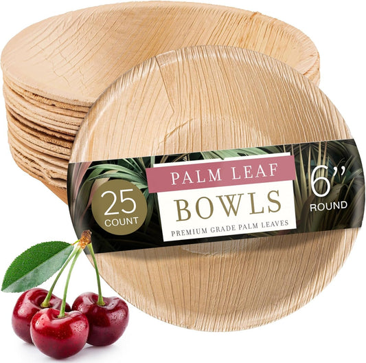brheez Palm Leaf Bowls 6 Inch - 25 Count - Eco Friendly, Compostable & Biodegradable – Elegant Bamboo Look Disposable Bowls are Heavy Duty and More Environmentally Friendly Than Paper Bowls