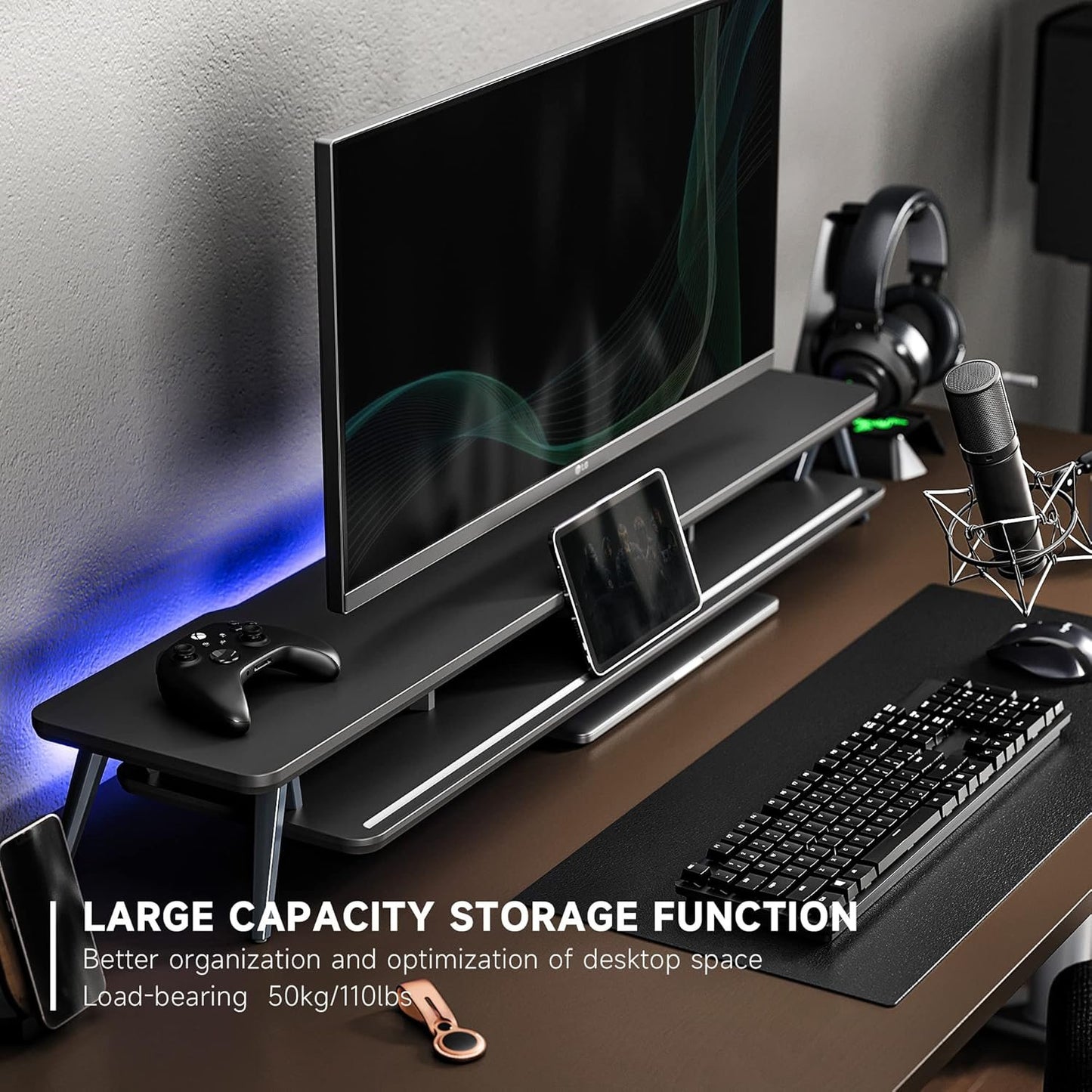 Fenge Dual Monitor Stand, Monitor Stands Riser for 2 monitors, 42.5 Inch Wood Desk Shelf with Storage Organizer and Cable Management for Office Desk Accessories (Black, 42.5Inch)