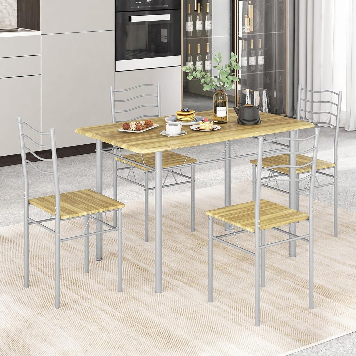 Giantex 5 PCS Dining Table Set, Counter Height Table with Spacious Rectangular Tabletop, Dining Desk w/ 4 High Backrest Chairs & Anti-Slip Pads, Kitchen Furniture for Home Restaurant (Silver+Natural)