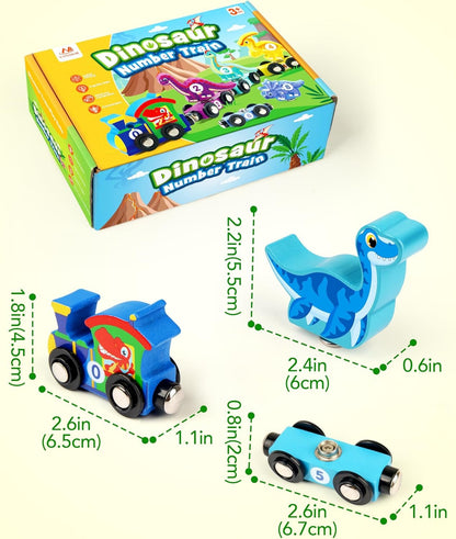 Vanmor Wooden Train Set with Dinosaur Toys, Educational Toddler Matching and Magnetic Number Train Learning Toys for Kids Ages 3-5, Montessori Gift for Boys and Girls who Love Trains and Dinosaurs