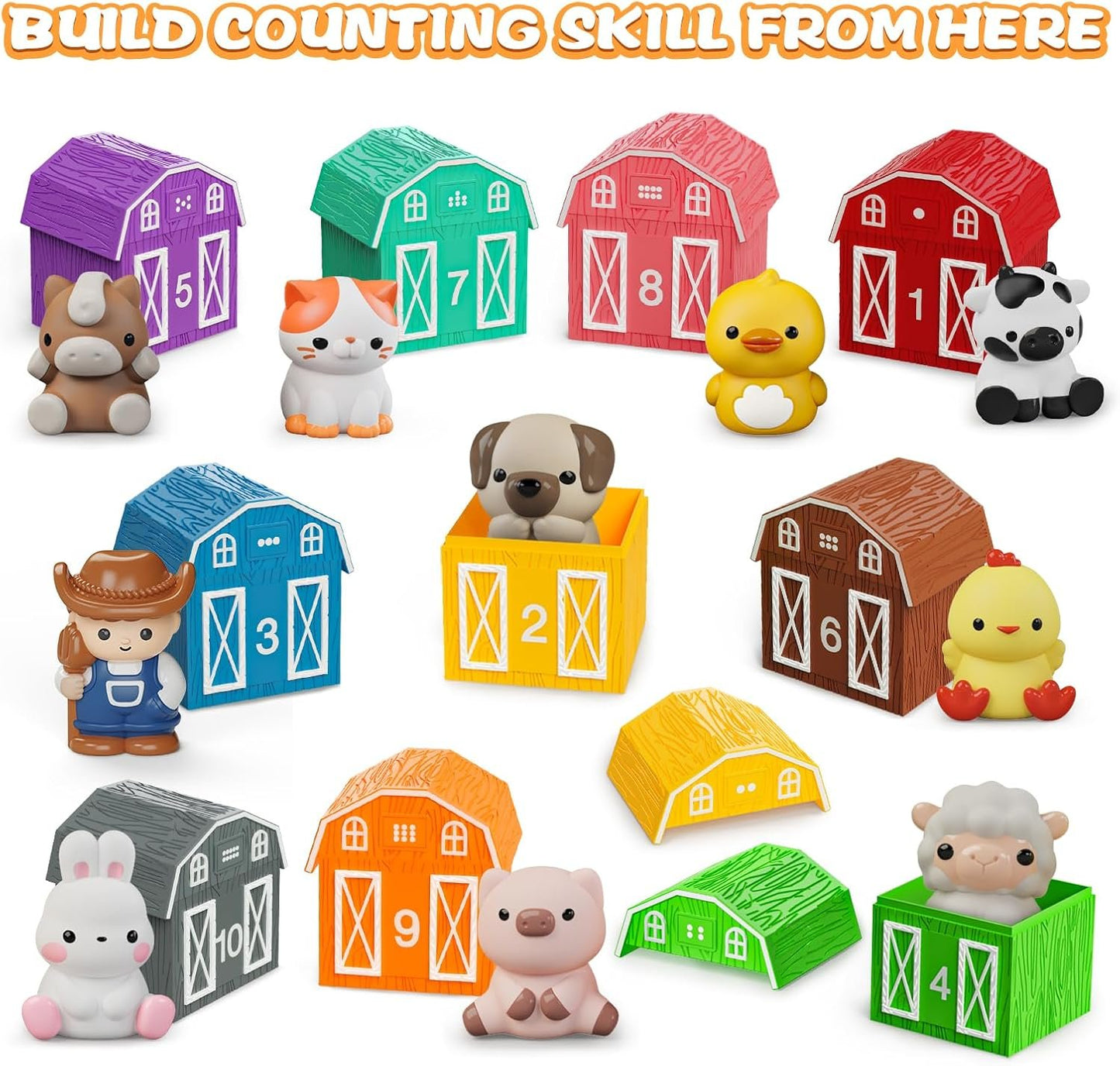 Learning Toy for Toddlers 1 2 3+ Years Old, 20 PCS Farm Animal Barn Toy & Finger Puppets, Montessori Educational Toy for Kids, Kids Toy with 10 Animals & 10 Barns for Babies Boys Girls