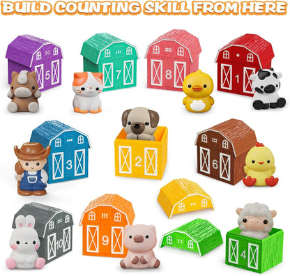 Learning Toy for Toddlers 1 2 3+ Years Old, 20 PCS Farm Animal Barn Toy & Finger Puppets, Montessori Educational Toy for Kids, Kids Toy with 10 Animals & 10 Barns for Babies Boys Girls