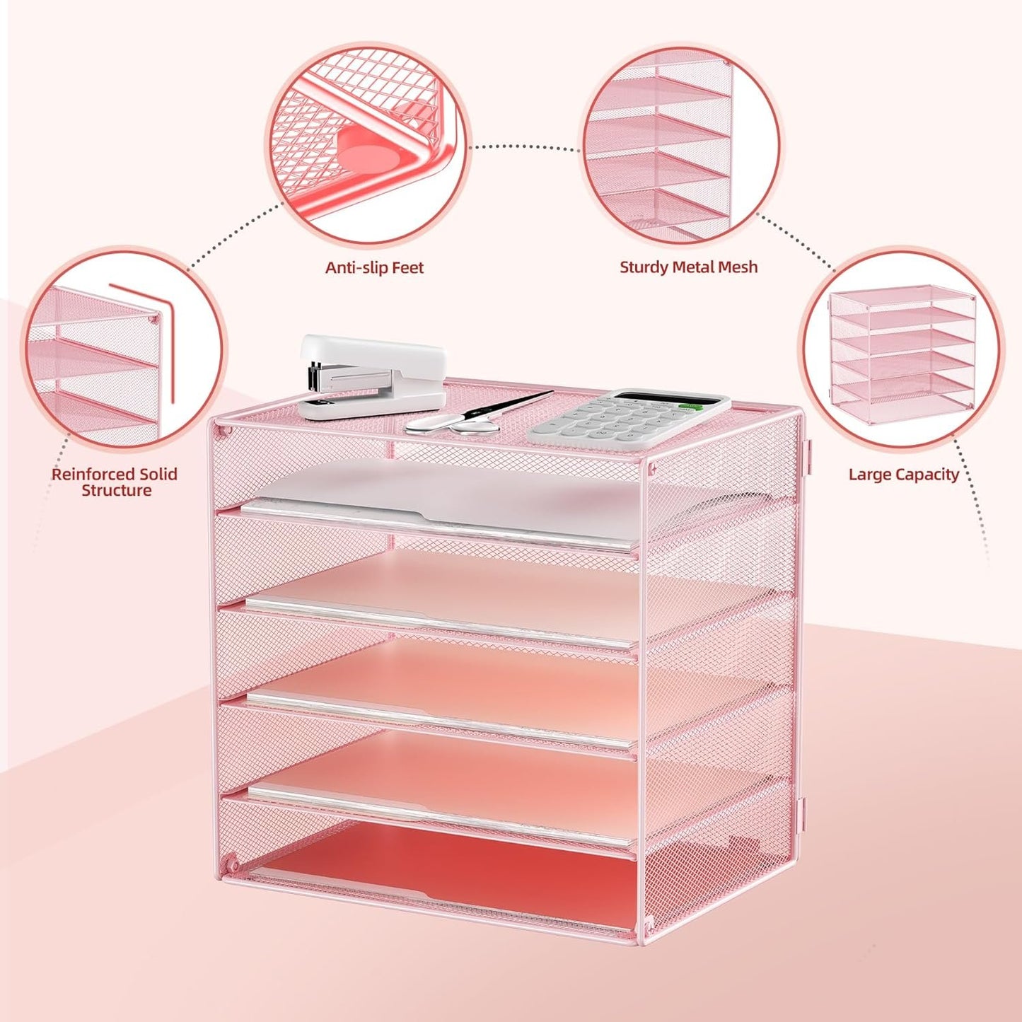 MINDEPOT 6 Tier Desk Organizer Paper Tray, Metal File Holder Desktop Organizers and Workspace Accessories for School Office Organization Storage Rack (1, Pink)
