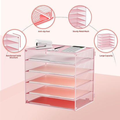MINDEPOT 6 Tier Desk Organizer Paper Tray, Metal File Holder Desktop Organizers and Workspace Accessories for School Office Organization Storage Rack (1, Pink)
