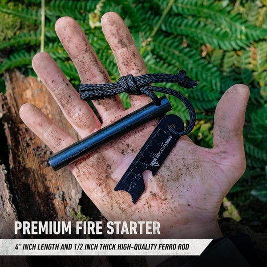 RKR OUTDOOR Ferro Rod Flint Fire Starter Kit + Tinder Wick Bellow with Sliding Box - 4" Length 1/2” Thick Ferro Rod with Multi-Tool Striker and Paracord Lanyard + Hemp Wick with Bellow + Sliding Box