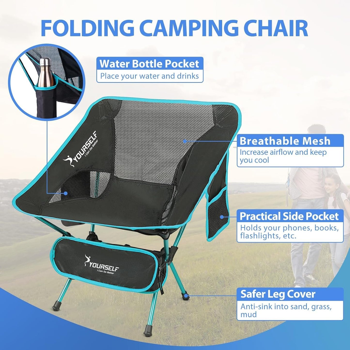 SYOURSELF Camping Chairs, Folding Camping Chair, Folding Chairs Outdoor, Lawn Chairs, Beach Chair, Portable Camping Chair Ultralight Lightweight Comfy Camp Chairs for Adults (Ablue)