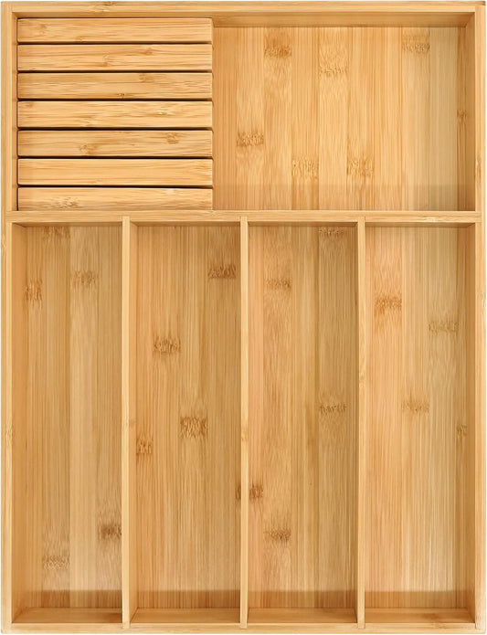 VaeFae Bamboo Cutlery Organizer, Utensil Holder for Drawer, Wooden Cutlery Tray with Divider for Kitchen, Flatware Storage with Removable Knife Block
