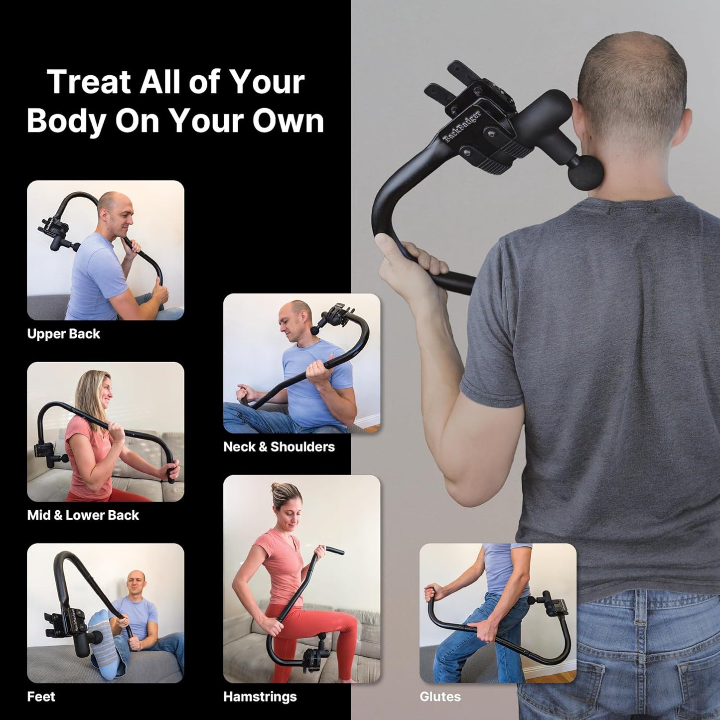 Ninefold Design BackBadger Percussive Massage Gun Holder for Back, Compatible with Most Massage Guns, for Hard to Reach Areas - Black