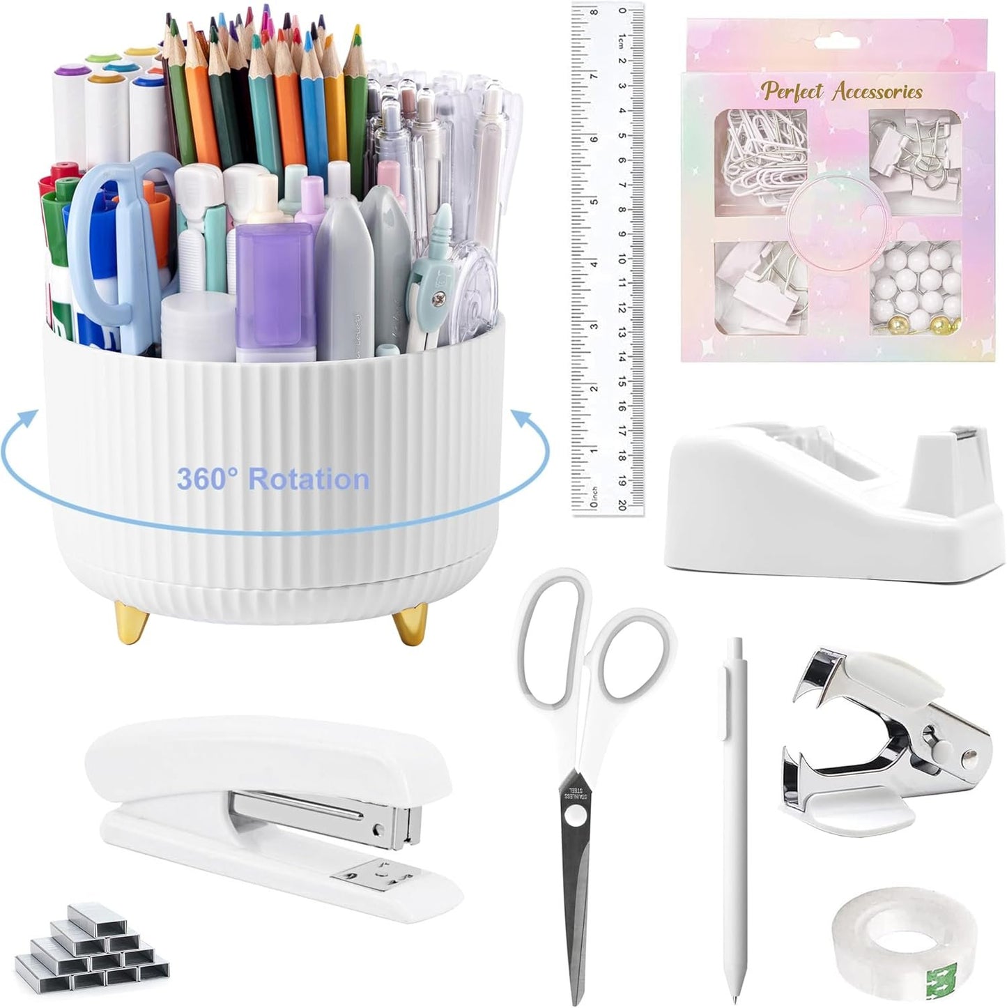 Office Desk Accessories, White Office Supplies 360°Pen Holder Desk Organizers And Accessories with Tape Dispenser, Stapler, Staple Remover, 1000 Staples, Tape, Clips Set, Ruler, Scissor, Pen