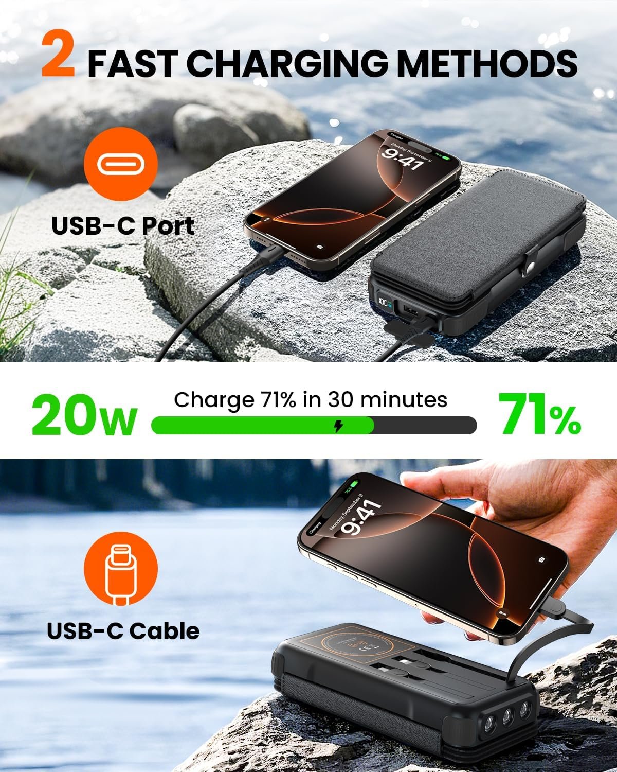 SOARAISE Wireless Solar Power Bank, 25000mAh Solar Charger with Built-in 3 Cables, Dual Outputs, 4 Solar Panels & 3 LED Flashlights Battery Pack for Outdoor Camping（Black）