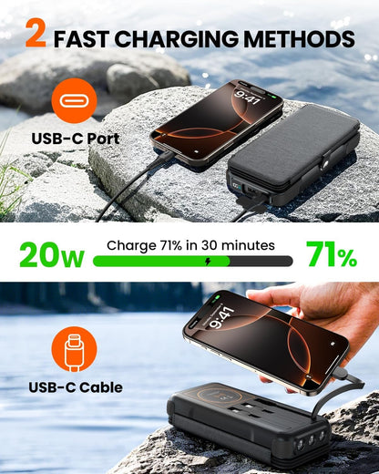 SOARAISE Wireless Solar Power Bank, 25000mAh Solar Charger with Built-in 3 Cables, Dual Outputs, 4 Solar Panels & 3 LED Flashlights Battery Pack for Outdoor Camping（Black）