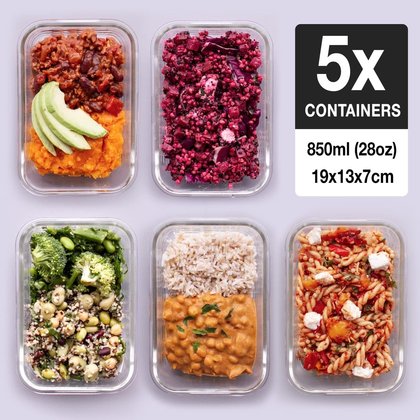 Glass Meal Prep Containers - [5 Pack] - Glass Storage containers, airtight - Food prep containers with lids - Glass Food containers with lids - Glass Lunch Box