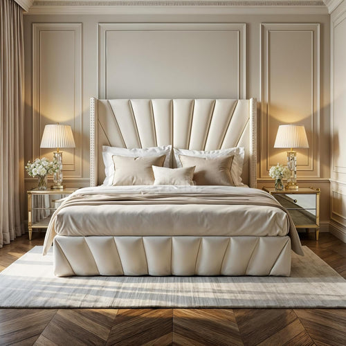 Aykah Fez Velvet Upholstered Queen Size Bed Frame with Storage, Modern Wingback Design Bed, Metal King Bed Frame with High Headboard, Wood Slat Support, Modern Design (Beige, Queen Bed)