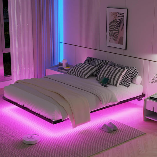 SANGMUCEN Floating Full Bed Frame with LED Lights & USB Charging Station, Metal Platform Bed Frame Full Size, No Box Spring Needed, Steel Slat Support, Anti-Noise Foam Stickers, Easy to Assemble