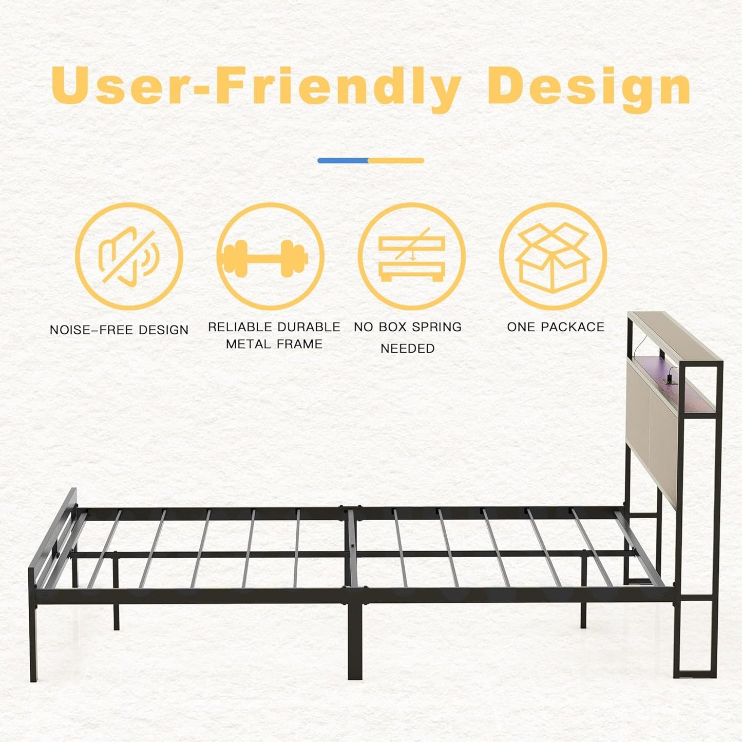 HAUSOURCE Queen Bed Frame with Storage Headboard Bed Frame Queen Size Metal Platform Bed with LED Lights USB Ports & Outlets Non-Slip Without Noise Strong Metal Slats Support No Box Spring Needed