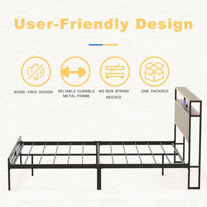 HAUSOURCE Queen Bed Frame with Storage Headboard Bed Frame Queen Size Metal Platform Bed with LED Lights USB Ports & Outlets Non-Slip Without Noise Strong Metal Slats Support No Box Spring Needed