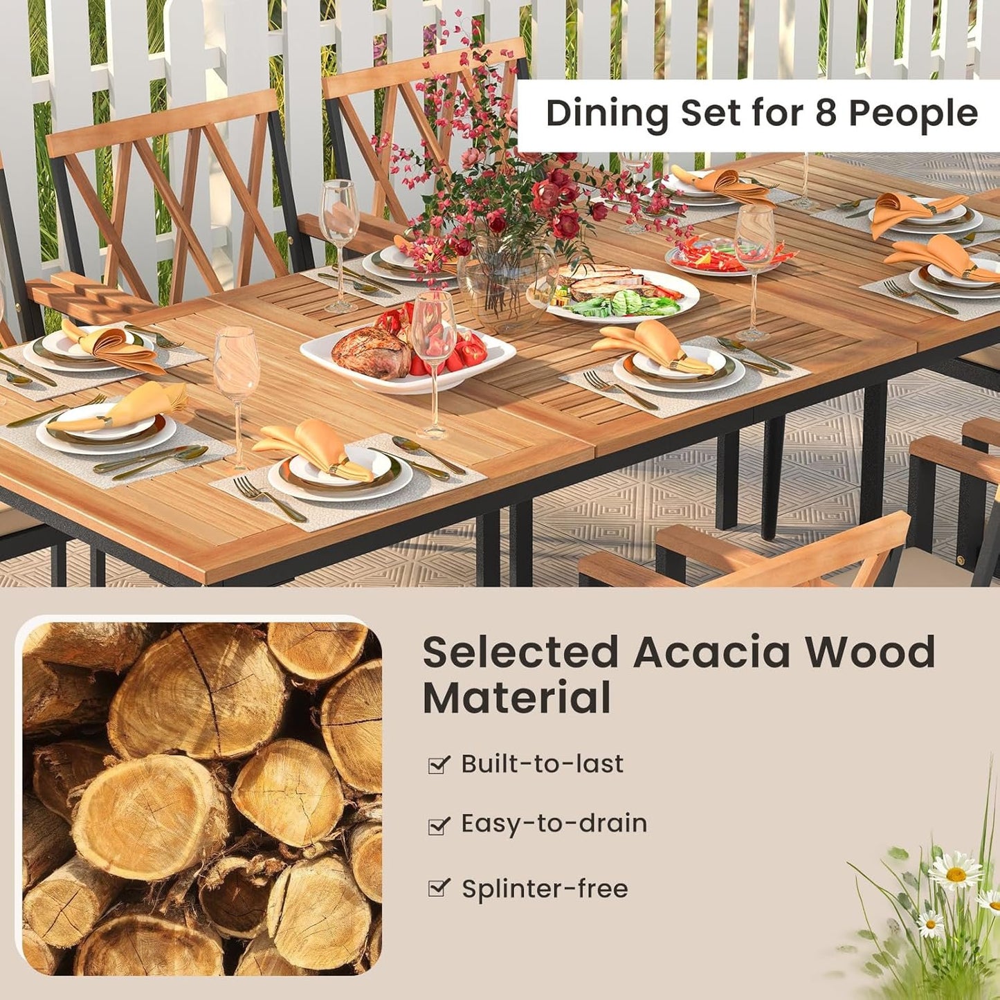 Tangkula 9-Piece Patio Dining Set, Outdoor Acacia Wood Dining Table with 1.9" Umbrella Hole& 8 Dining Chairs with Cross Hollow Back and Seat Cushions, for Garden, Porch, Deck, Natural