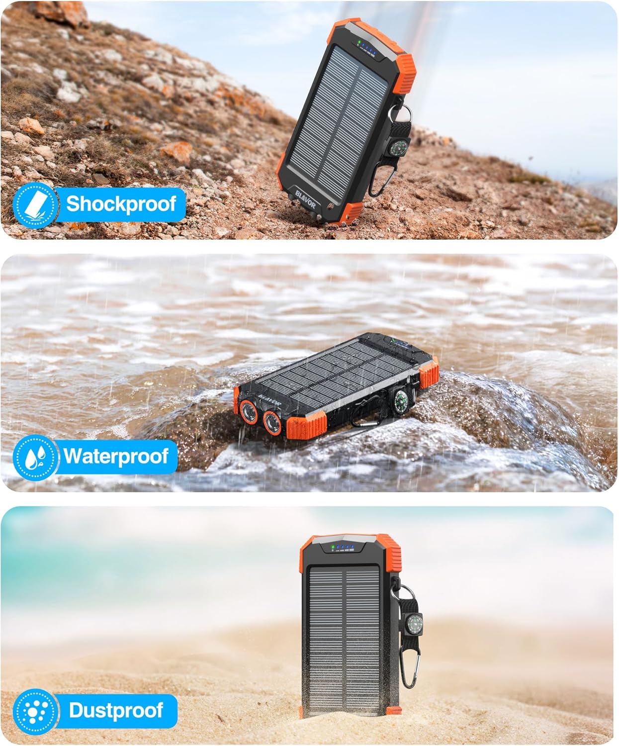 BLAVOR Solar Power Bank 10,000mAh, Portable Wireless Charger, 20W Fast Charging External Battery Pack with USB C for Cell Phones, Solar Panel Charger with Dual Flashlight and Compass
