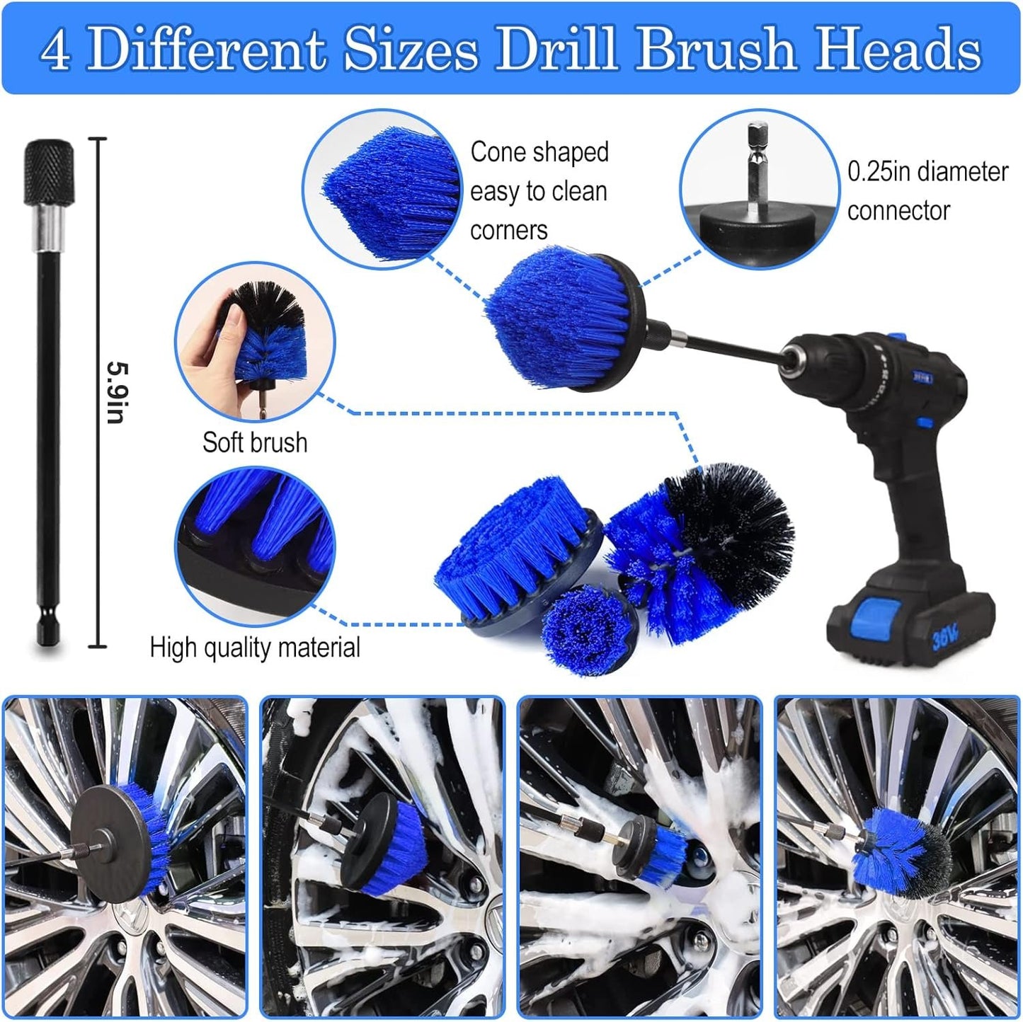 27Pcs Car Detailing Kit, Car Detailing Brush Set, Auto Detailing Drill Brush Set, Car Detailing Brushes, Car Wash Kit, Car Accessories, Car Cleaning Tools Kit for Interior, Exterior, Wheels Blue, Blue, 27PCS-Blue