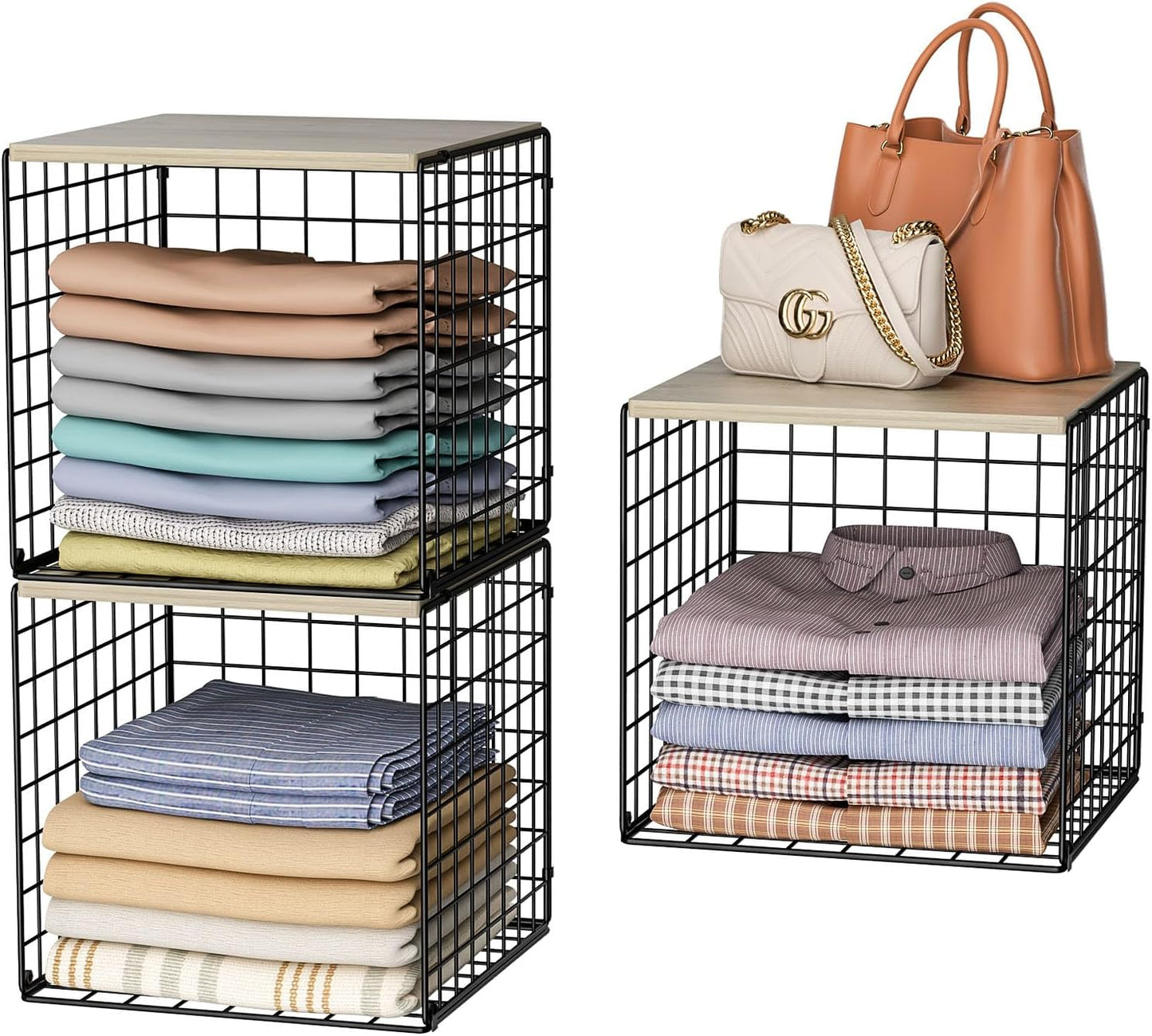 3PCS Stackable Closet Organizers and Storage, Shelves with Wood Top Extra Storage, Clothes Organizer Basket, Bin, or Tube for Wardrobe and Home Organization (Black-Sturdy Metal) Patent Pending