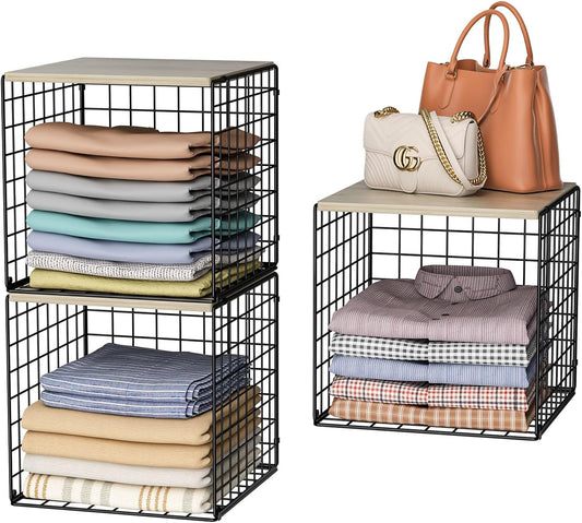 3PCS Stackable Closet Organizers and Storage, Shelves with Wood Top Extra Storage, Clothes Organizer Basket, Bin, or Tube for Wardrobe and Home Organization (Black-Sturdy Metal) Patent Pending