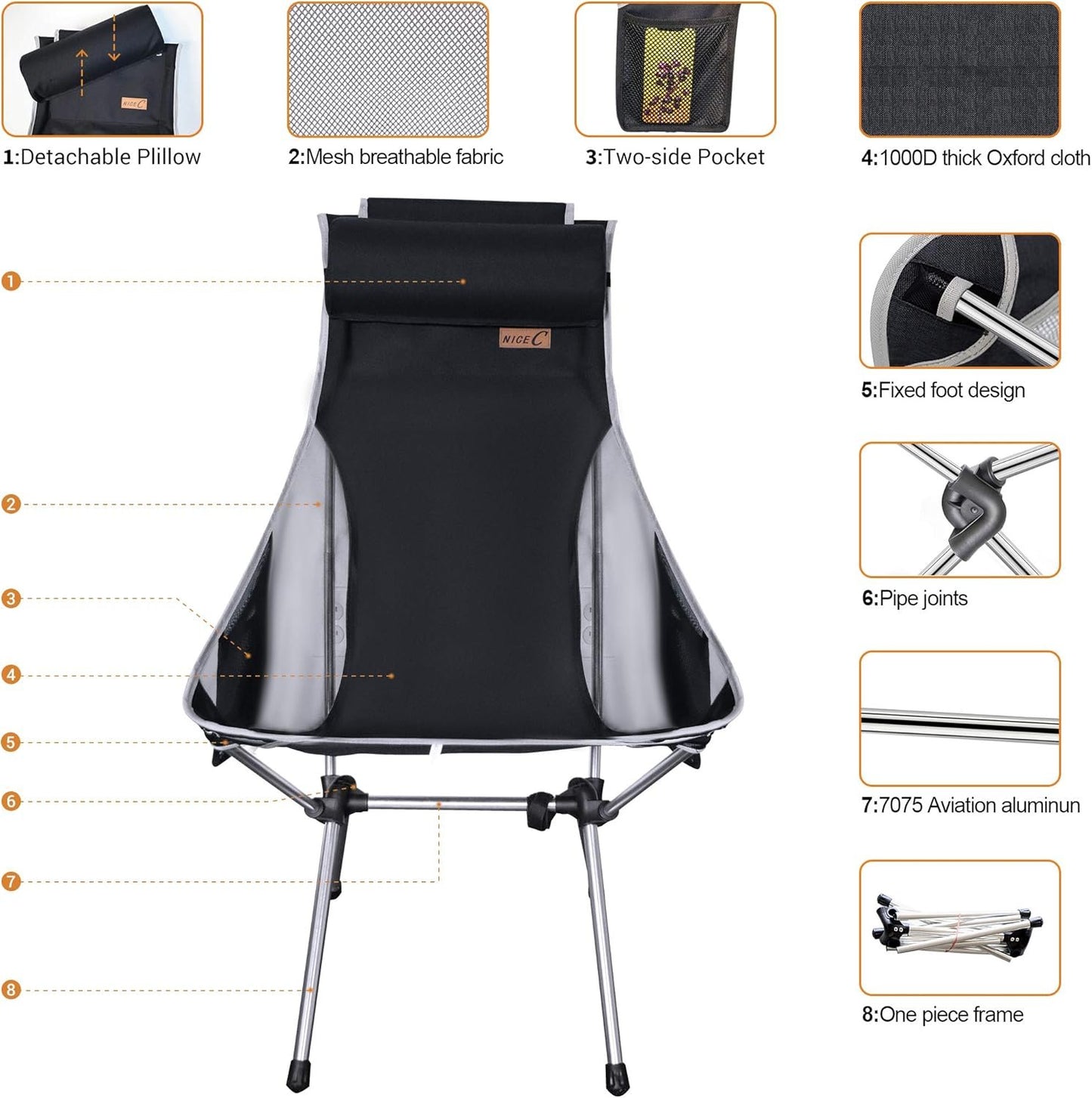 Nice C Camping Chair, Chaise Camping, Folding Chair High Back, Backpacking Chair, Compact & Heavy Duty Outdoor, Travel, Picnic, Festival with 2 Side Pockets, Pillow &Carry Bag (Set of 2 Dark)