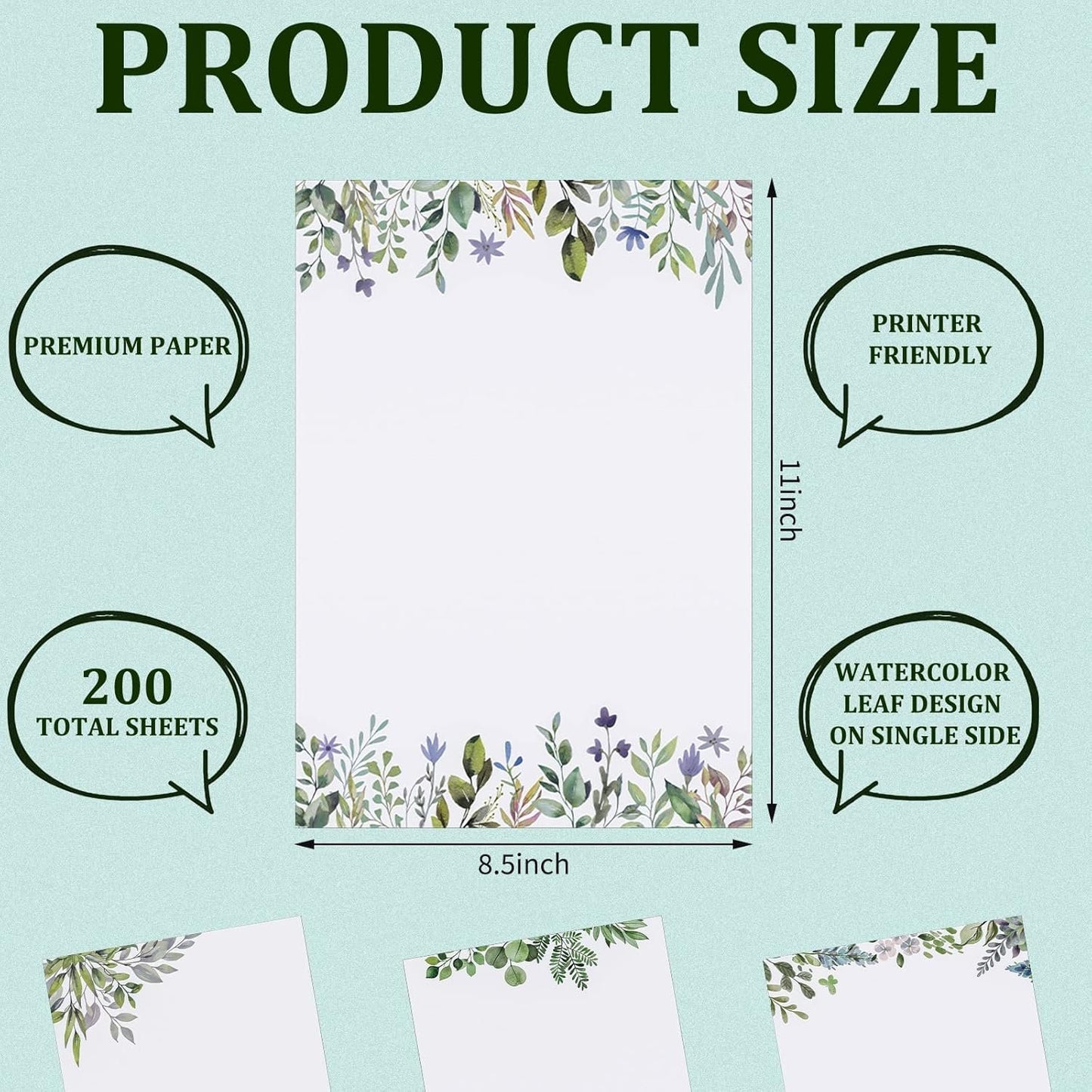 200 Sheets Rustic Greenery Letterhead Stationery - Decorative Border Design Writing Paper for Office, Home, Wedding - 8.5 x 11 Inch (Leaf)