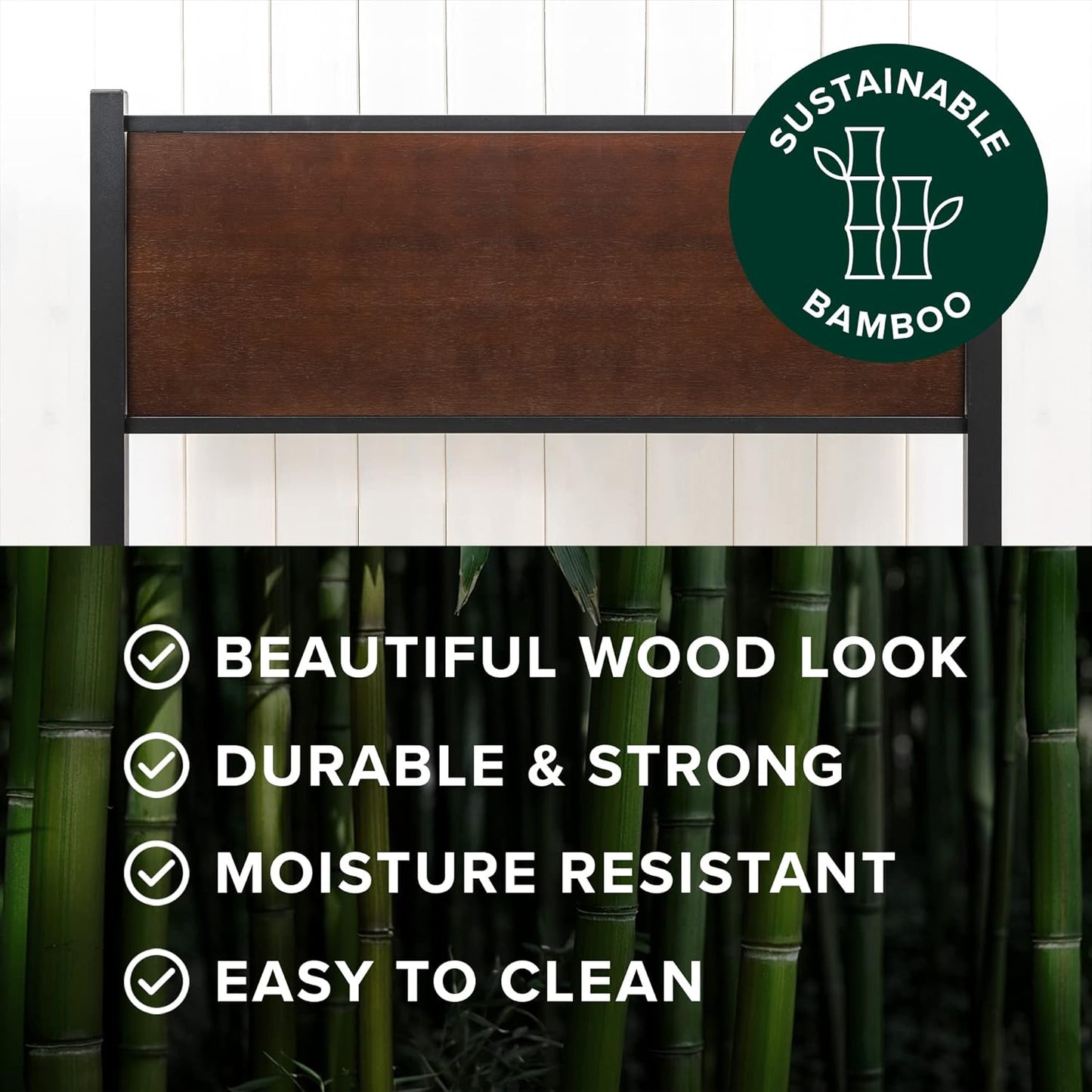 Zinus Queen Bed Frame, Industrial Metal Wooden Bamboo Bed Frame Base with Headboard, Black & Dark Wood, Bedroom Furniture, Brown