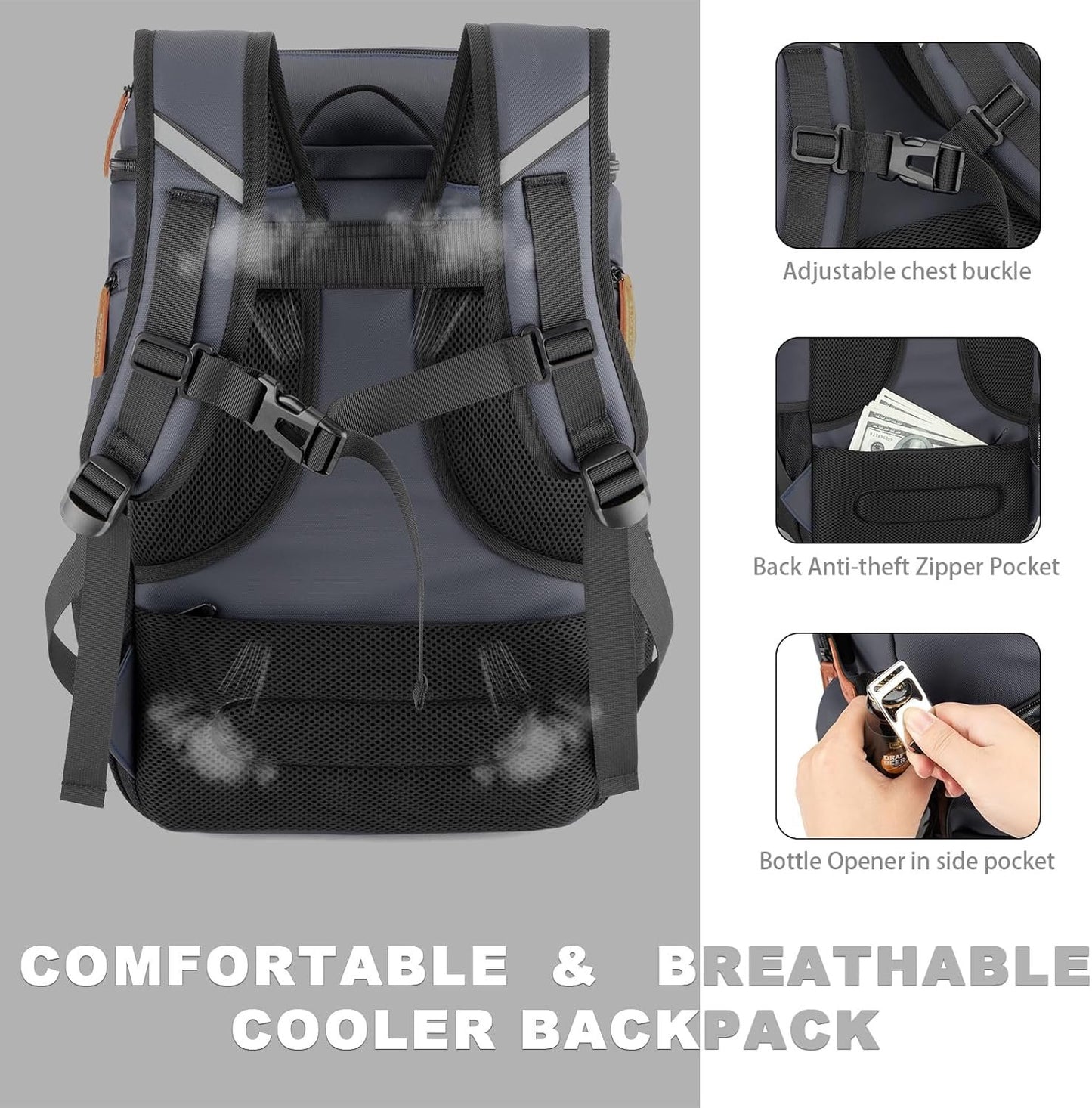 BAGPARKK Insulated Cooler Backpack,33 Cans Multifunctional Double Deck Leakproof Cooler Bag with Sternum Strap,Large Capacity Lightweight Travel Camping Beach Backpack