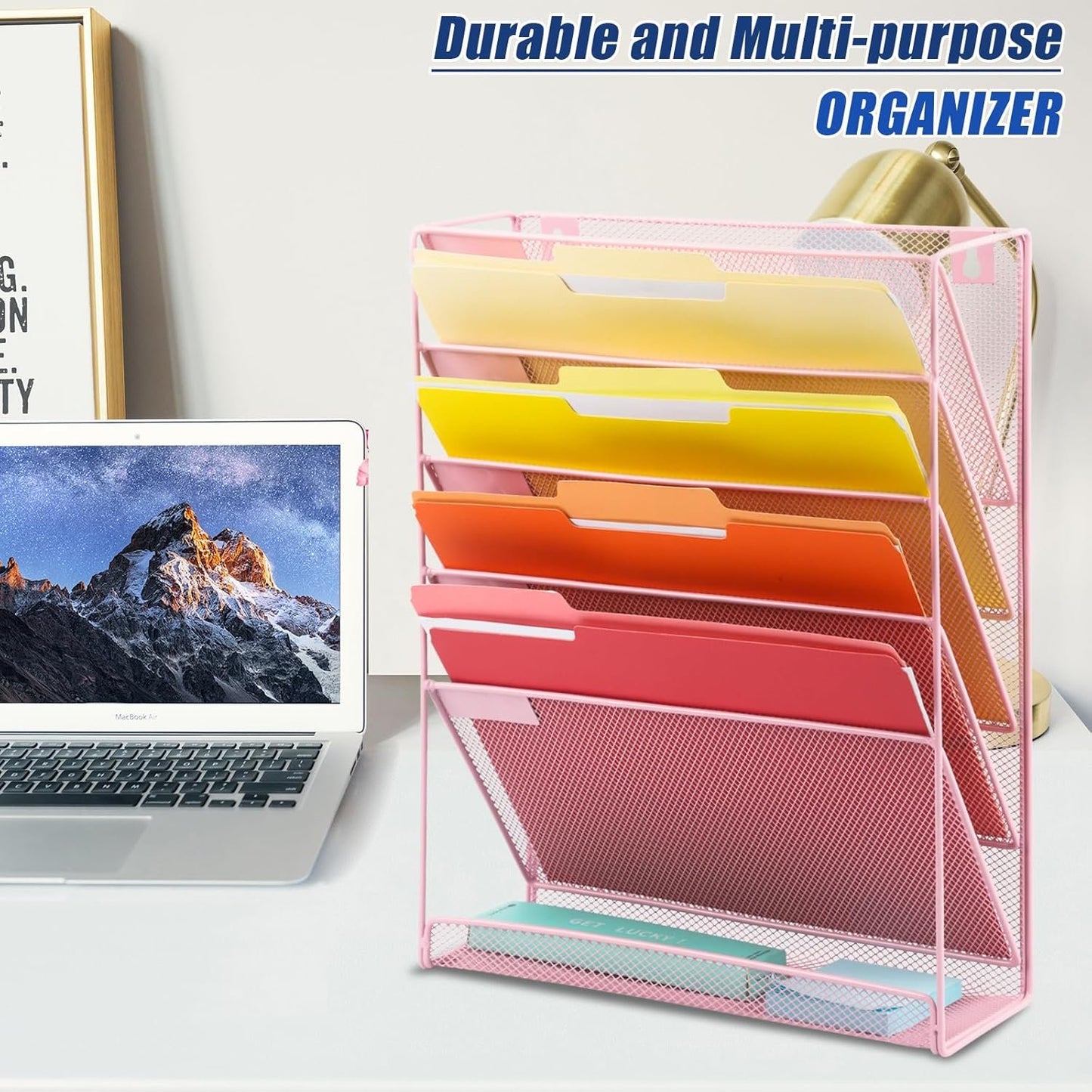 EASEPRES Desk File Organizer Mesh 6-Tier, Hanging Wall Mount Document Organization Stand, Desktop Vertical Mail Paper Folder Holder Rack with Bottom Tray for Office Home Cubicle Countertop, Pink