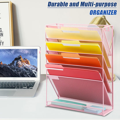 EASEPRES Desk File Organizer Mesh 6-Tier, Hanging Wall Mount Document Organization Stand, Desktop Vertical Mail Paper Folder Holder Rack with Bottom Tray for Office Home Cubicle Countertop, Pink