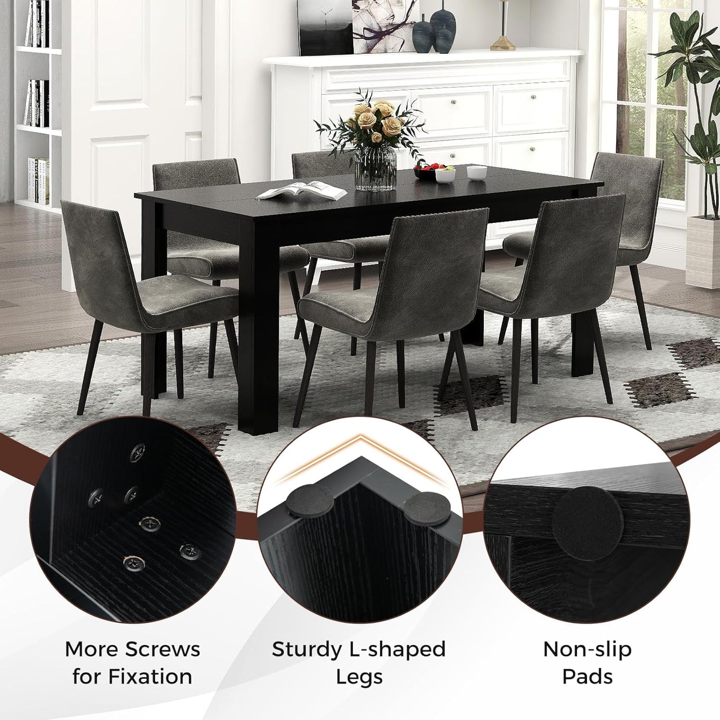 Giantex 160 CM Dining Table, Rectangular Dining Table with Sturdy L-Shaped Legs, Modern Kitchen & Dining Room Table, Seats up to 8, Black Finish