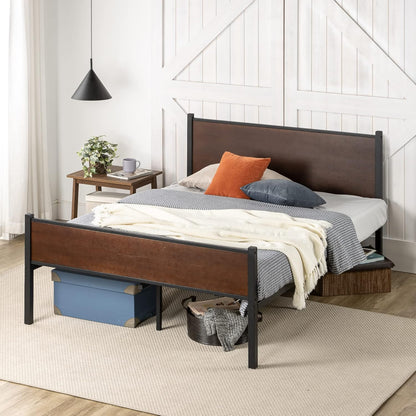 Zinus Queen Bed Frame, Industrial Metal Wooden Bamboo Bed Frame Base with Headboard, Black & Dark Wood, Bedroom Furniture, Brown