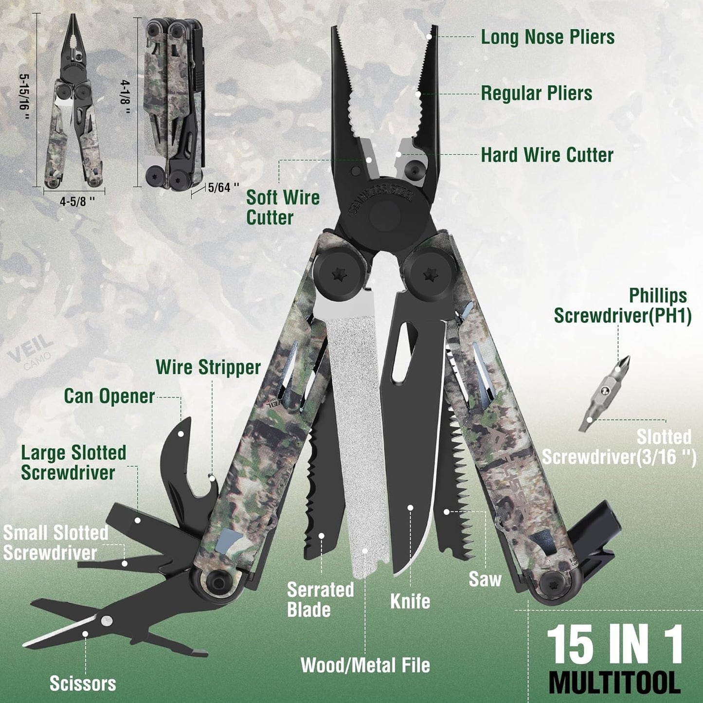 FLISSA 15-in-1 Multitool Pocket Knife with Sheath, Durable Stainless Steel Multi Tool Pliers for Men, Camo All-in-One Tool