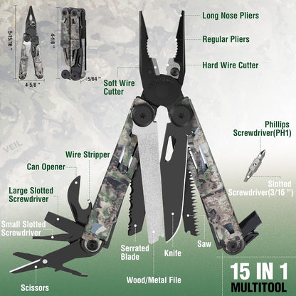 FLISSA 15-in-1 Multitool Pocket Knife with Sheath, Durable Stainless Steel Multi Tool Pliers for Men, Camo All-in-One Tool