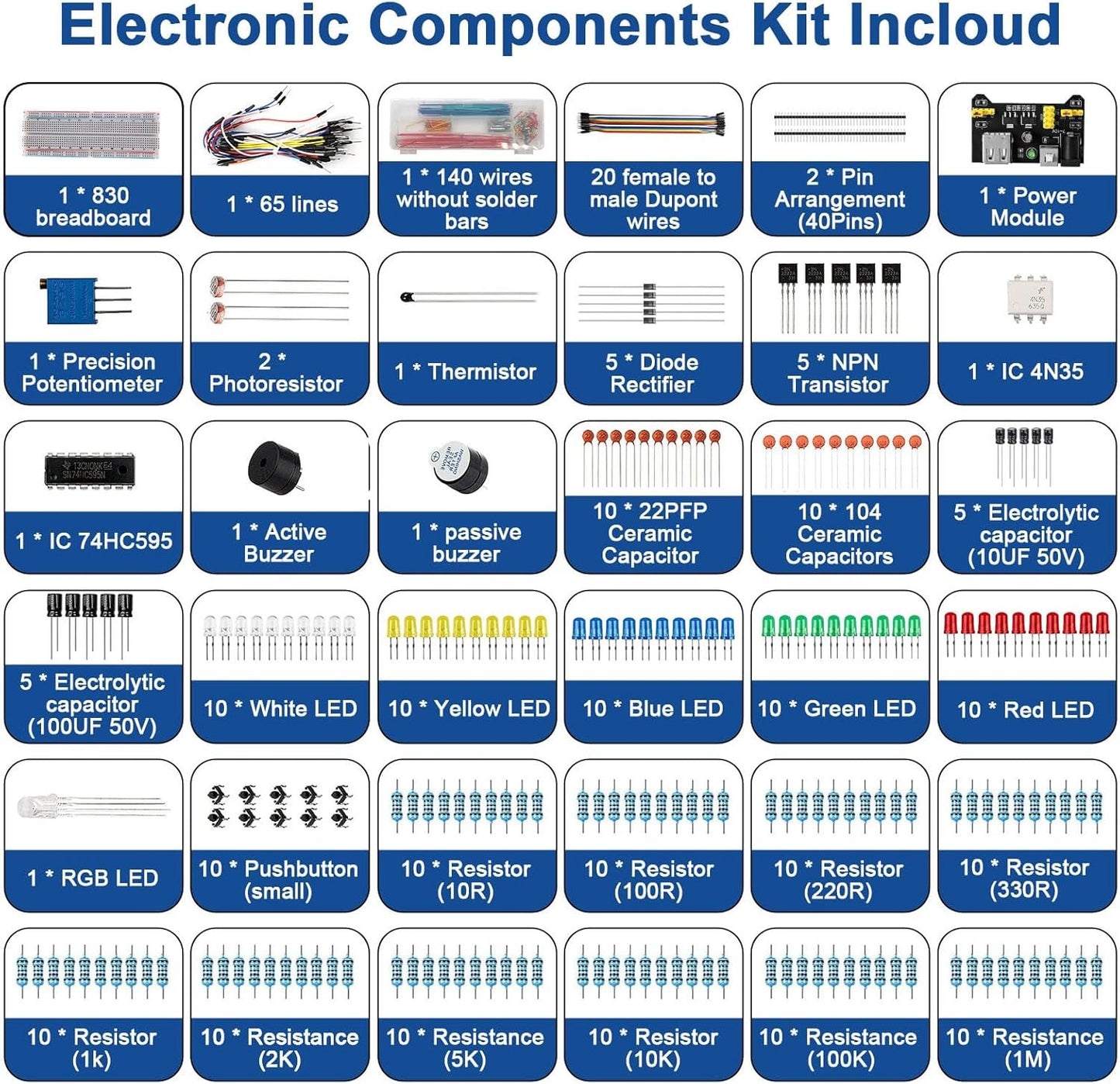 Starter Kit for Electronic Components with 830 Holes Breadboard Transistor Resistor Capacitors LED Buzzer Cable Resistor Different Components Compatible with Arduino with Raspberry Pi