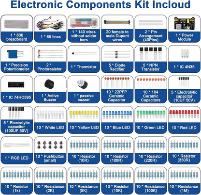 Starter Kit for Electronic Components with 830 Holes Breadboard Transistor Resistor Capacitors LED Buzzer Cable Resistor Different Components Compatible with Arduino with Raspberry Pi