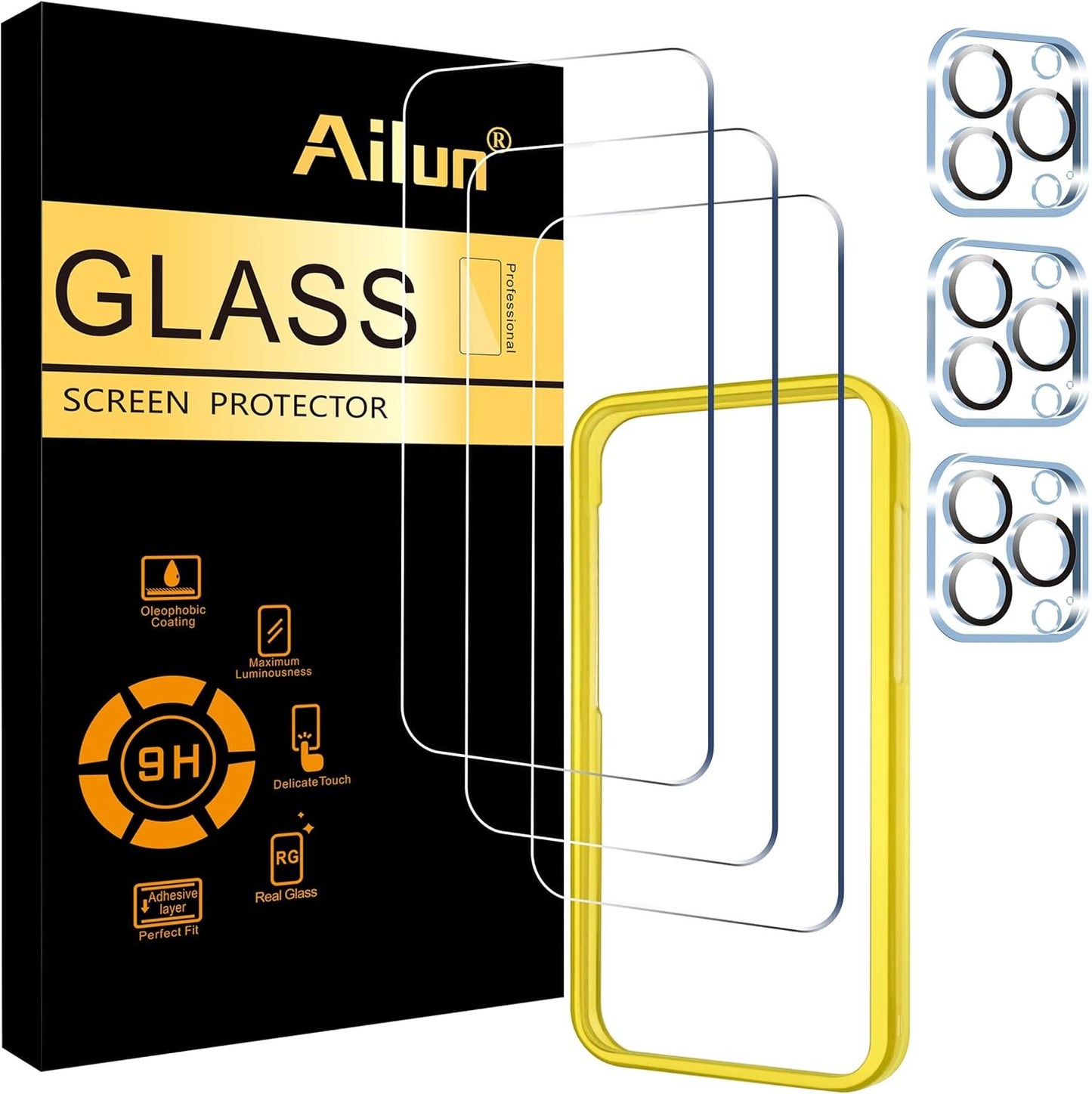 Ailun 3 Pack Screen Protector for iPhone 15 Pro [6.1 inch] + 3 Pack Camera Lens Protector,Case Friendly Tempered Glass Film,[9H Hardness] - HD