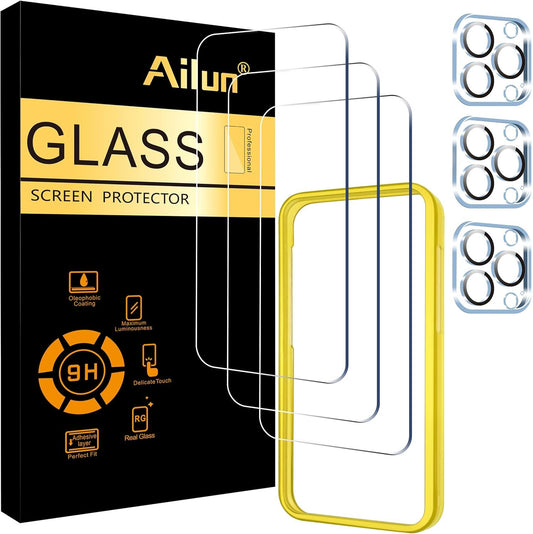 Ailun 3 Pack Screen Protector for iPhone 15 Pro [6.1 inch] + 3 Pack Camera Lens Protector,Case Friendly Tempered Glass Film,[9H Hardness] - HD
