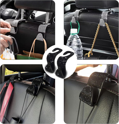 OSIFIT 4PCS Car Seat Hooks, Bling Car Rhinestone Headrest Hooks, Universal Bling Car Interior Accessories, for Handbag, Clothes, Purse, Water Bottle (Black)