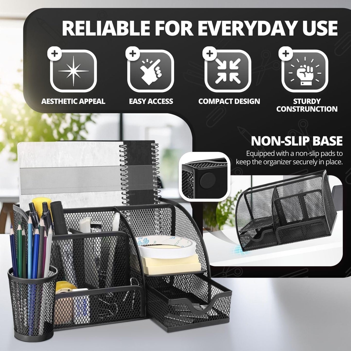 Flexzion Desk Top Caddy Organizer - Black Office Desk Accessories Organizer and Storage - Metal Mesh Desk with 6 Compartments, Drawer and Pen Holder